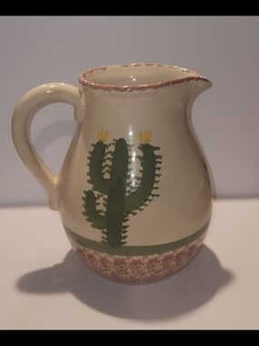 Cream Ceramic Pitcher with Green Cactus Illustration